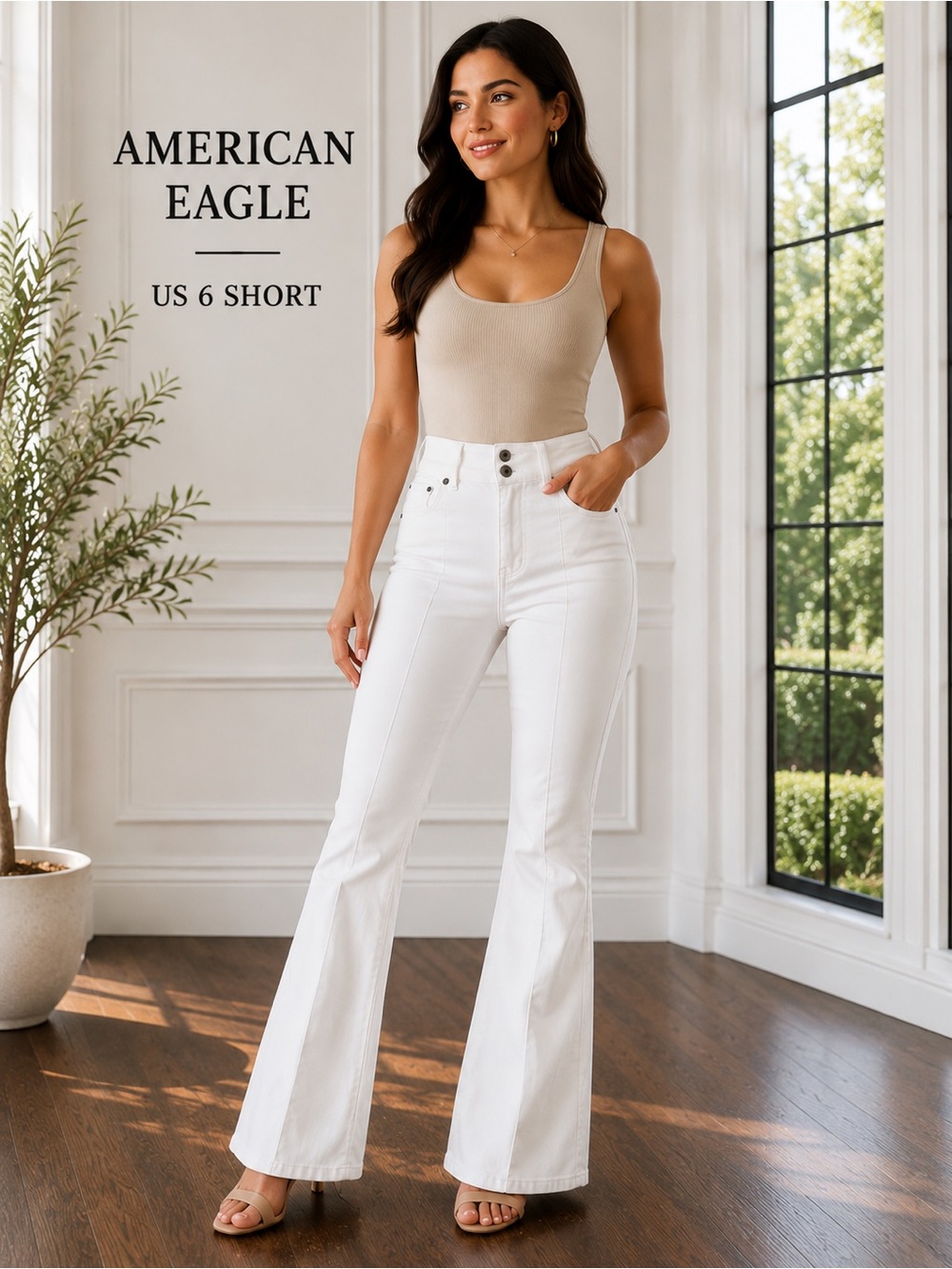 American Eagle Pin Tuck High Rise Flare Jeans White Stretch US 6 Short